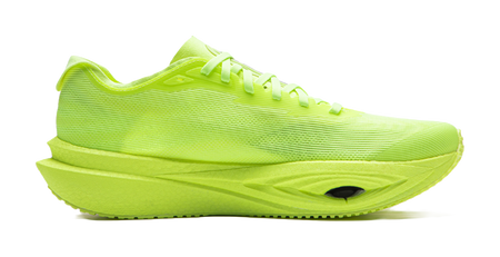Neon yellow green low-top running shoes, side view, lace-up with thick midsole