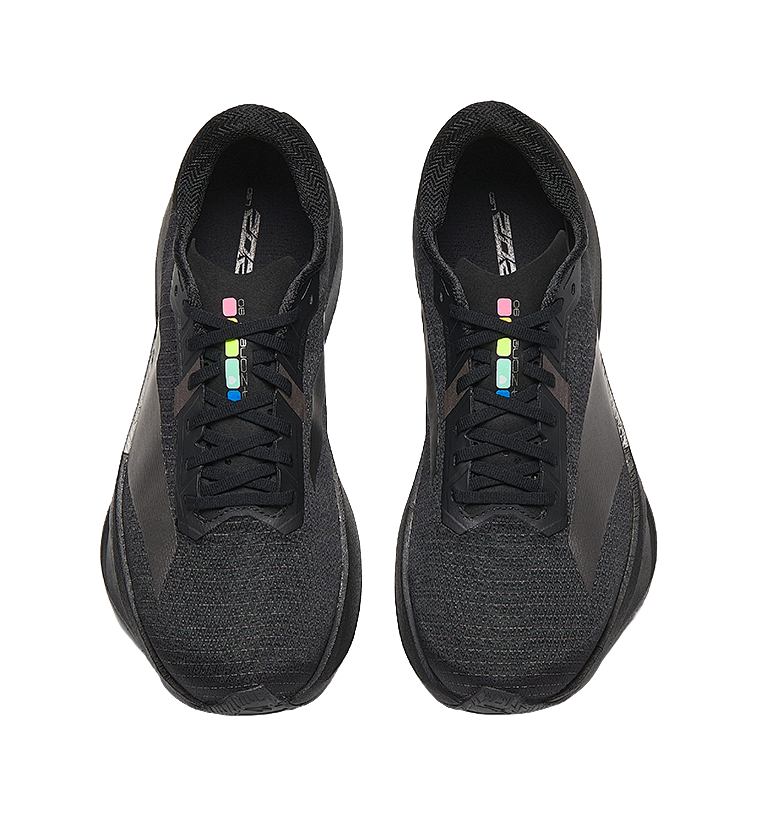Pair of black running shoes with lace-up fronts, padded collars, and multicolor logo details