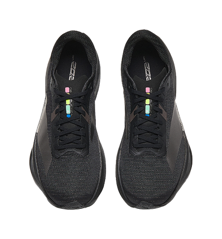 Pair of black running shoes with lace-up fronts, padded collars, and multicolor logo details