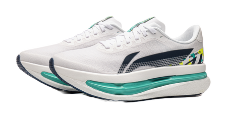 White knit running shoe with navy heel detail and teal midsole, side profile
