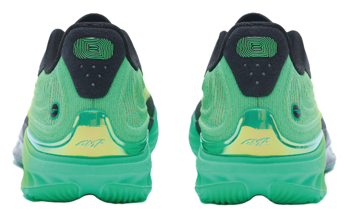 Green and black basketball shoe heels with "2" detail and cushioned collar
