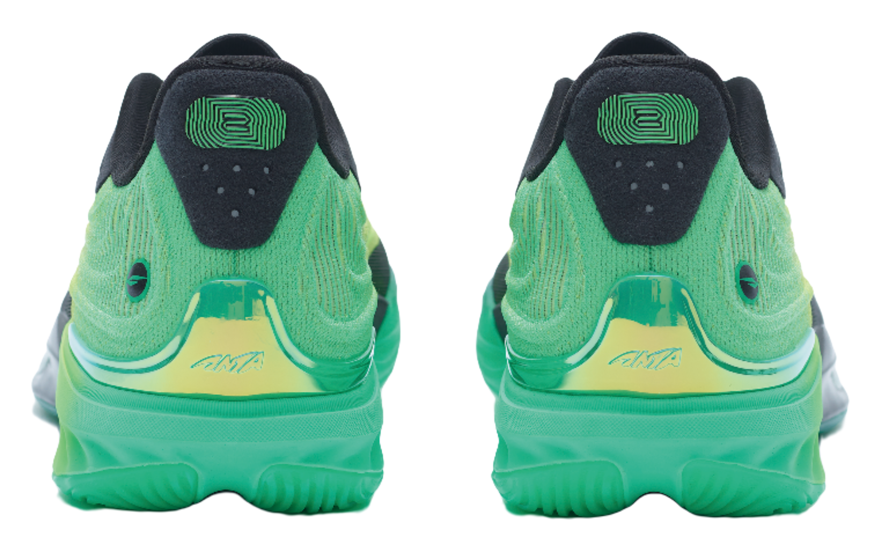 Green and black basketball shoe heels with "2" detail and cushioned collar
