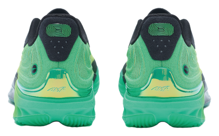 Green and black basketball shoe heels with "2" detail and cushioned collar