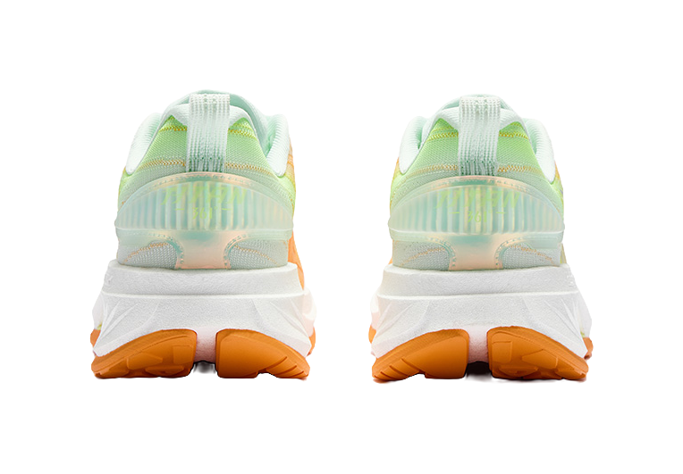 Men's running shoes, rear view with mint heel pull and white foam midsole, orange accents
