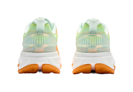 Men's running shoes, rear view with mint heel pull and white foam midsole, orange accents