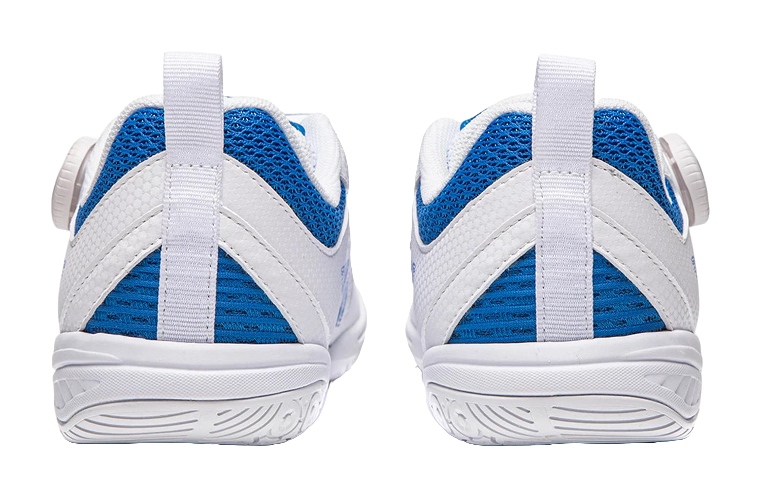 White table tennis shoe heel view with blue mesh panels and ridged traction outsole.