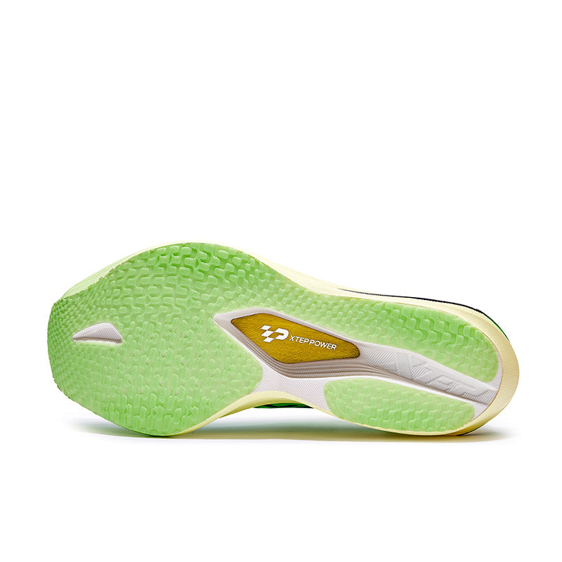 Light green shoe outsole with textured tread and Xtep Power logo label