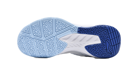 Blue and white badminton shoe outsole with tread pattern and hex-like traction