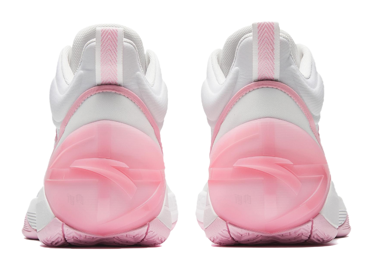 White and pink high-top basketball shoes, heel view with translucent pink heel panel