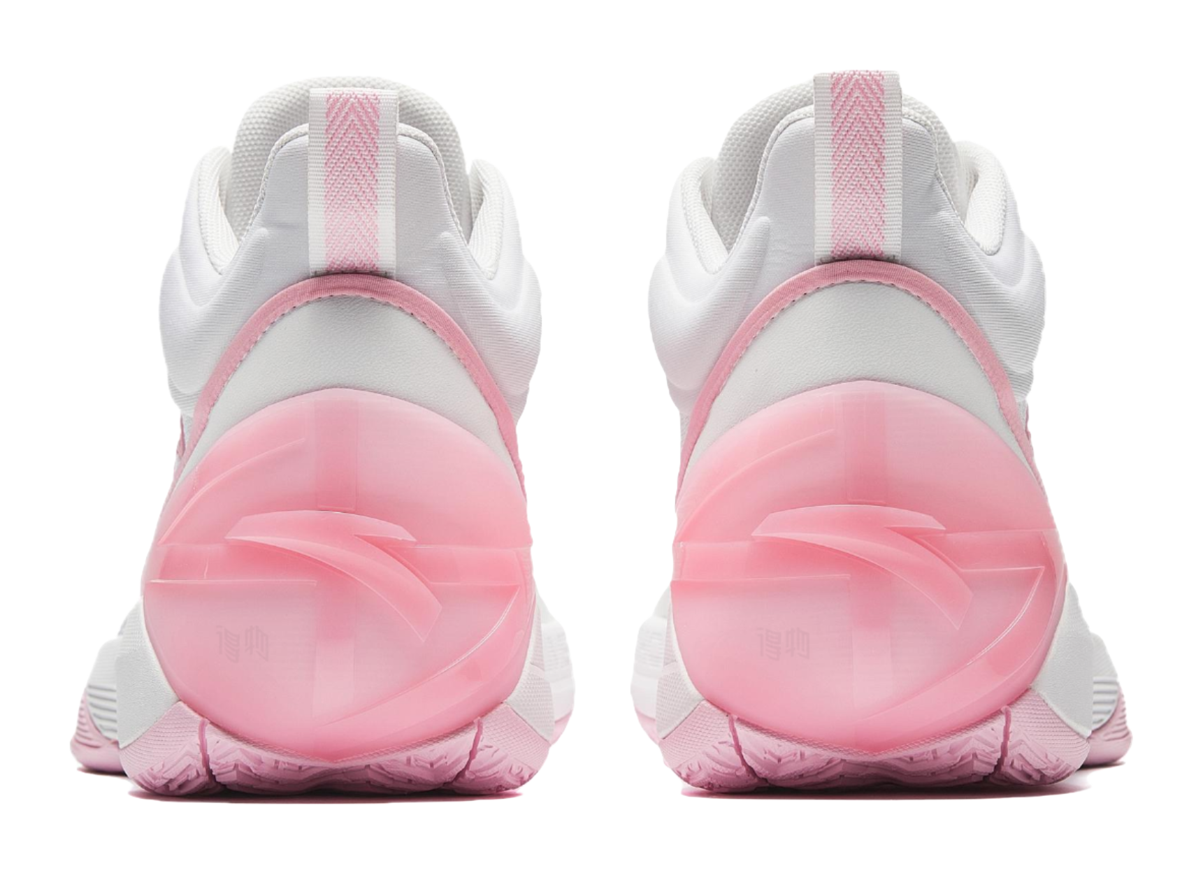 White and pink high-top basketball shoes, heel view with translucent pink heel panel