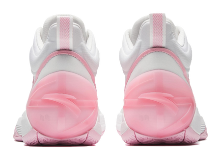 White and pink high-top basketball shoes, heel view with translucent pink heel panel