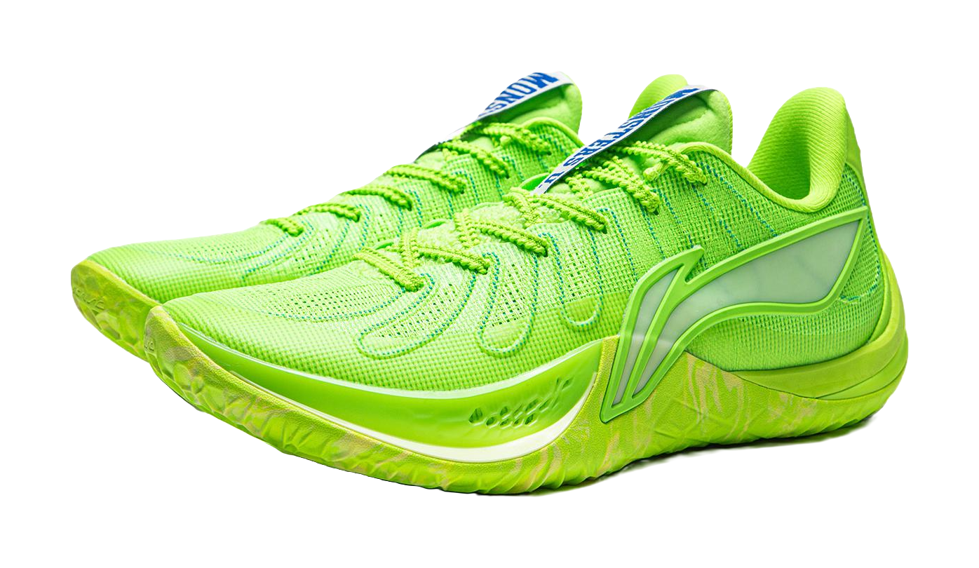 Green basketball shoe with blue heel strap, lace-up upper, and chunky sole
