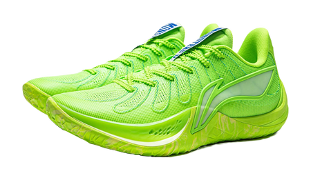 Green basketball shoe with blue heel strap, lace-up upper, and chunky sole