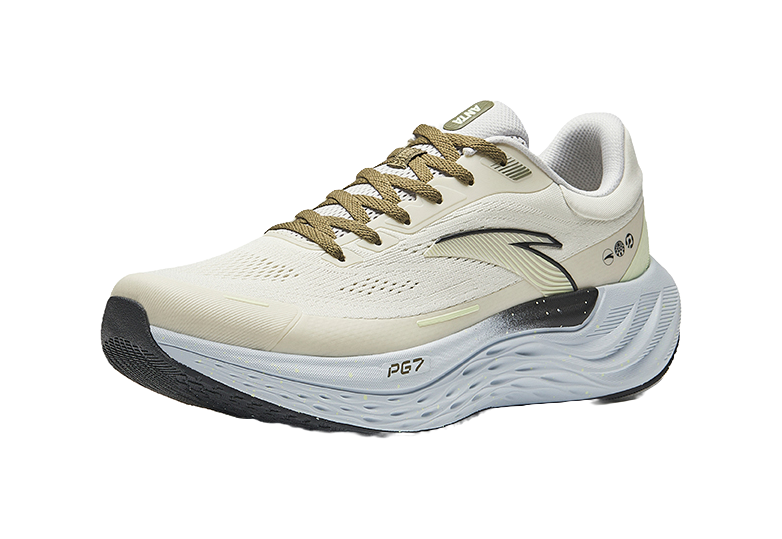 Men's low-top sprint running shoes, cream mesh upper with side logo, light-blue midsole