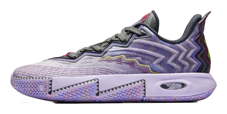 Light purple basketball shoe with black laces, purple zigzag side accents, white sole