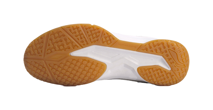Unisex badminton shoe outsole, textured gum rubber tread with white support panels