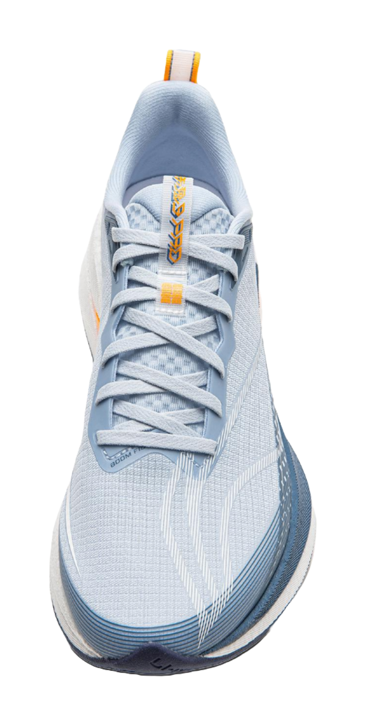 Light blue running shoe profile with orange lace accents and padded collar