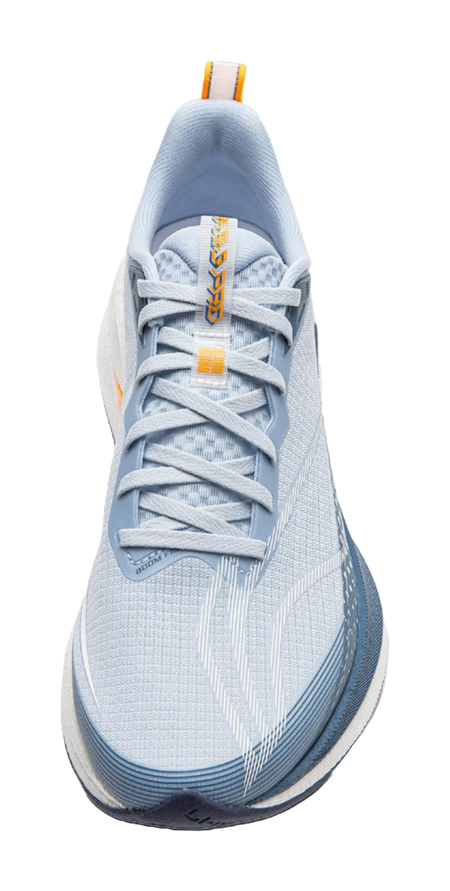 Light blue running shoe profile with orange lace accents and padded collar