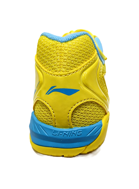 Yellow table tennis shoe heel with blue sole and Li-Ning branding
