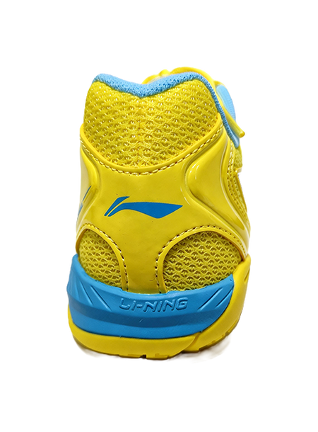 Yellow table tennis shoe heel with blue sole and Li-Ning branding