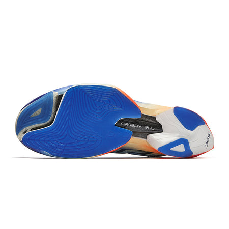 Running shoe outsole with blue traction pods, white sections, and orange cushioning