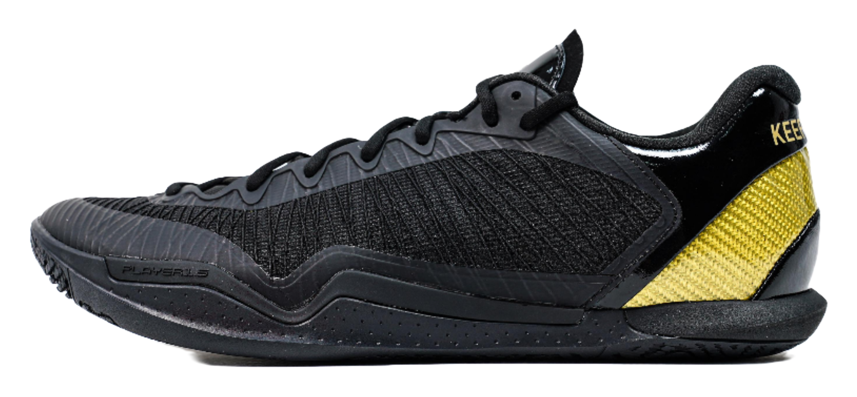 Black low-cut lace-up basketball shoe with textured upper and yellow side panel