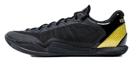 Black low-cut lace-up basketball shoe with textured upper and yellow side panel