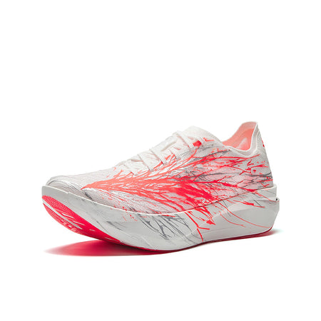 Marathon racing shoe with white upper and bold red toe/side graphic, front 3/4 view