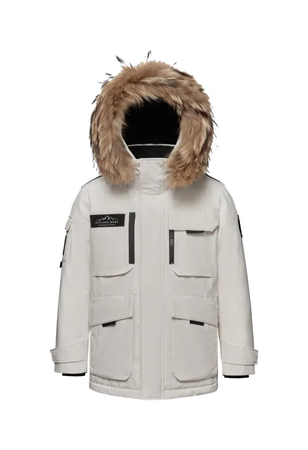 White down jacket with faux-fur hood, front zip, and multiple flap pockets.
