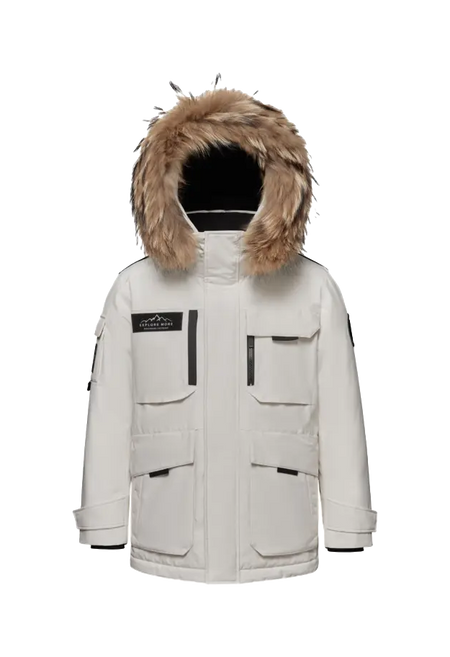 White down jacket with faux-fur hood, front zip, and multiple flap pockets.