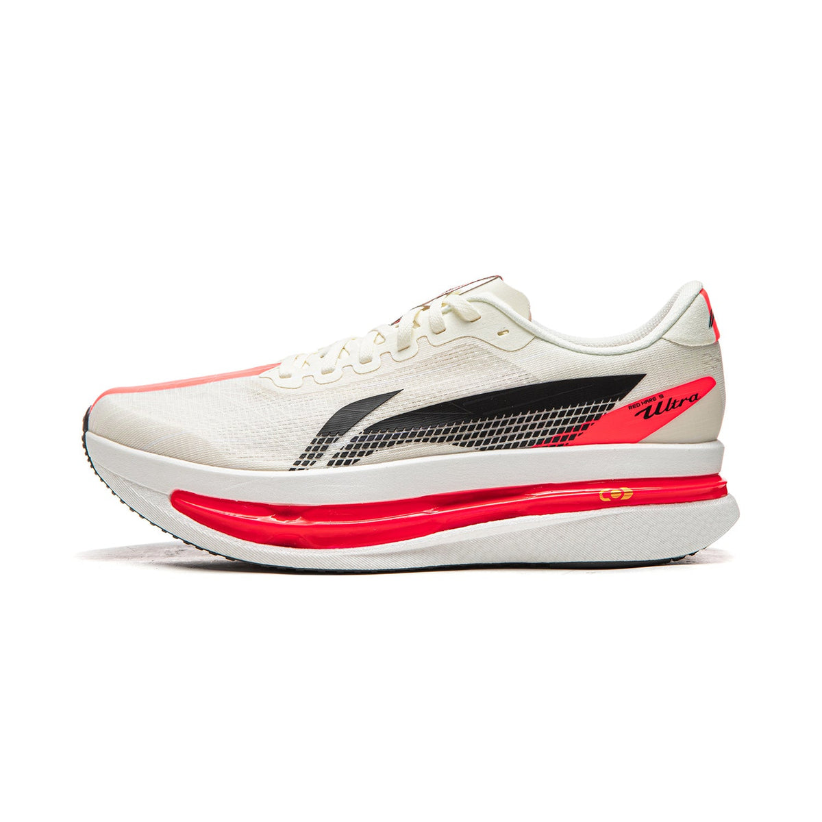 Champagne white running shoe with black side logo and red midsole, lace-up