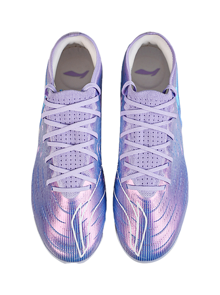 Li-Ning soccer cleat pair, blue-violet knit uppers, white crisscross laces, purple collar
