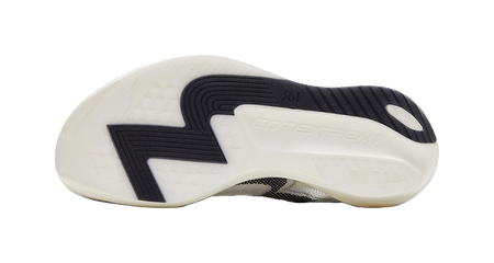White and cream outsole with black traction pattern and dark heel insert