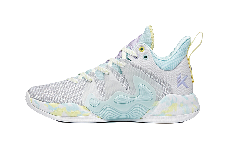 Light blue and white lace-up basketball shoes with molded cushioning detail and logo