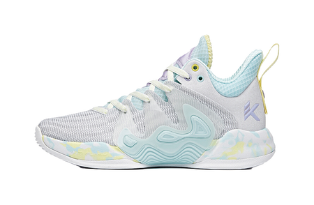 Light blue and white lace-up basketball shoes with molded cushioning detail and logo
