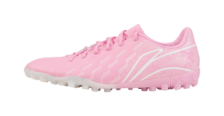 Unisex turf soccer shoe, pinkish upper, lace-up front, TPU stud outsole