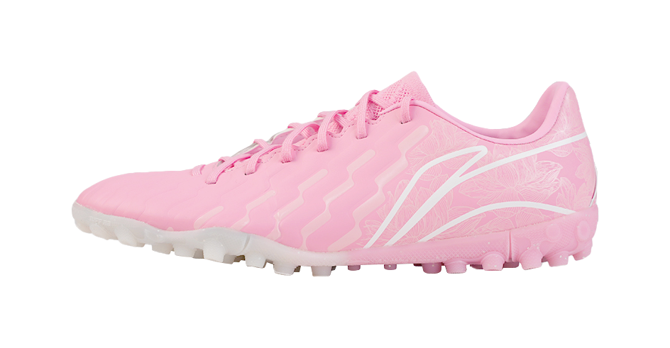 Unisex turf soccer shoe, pinkish upper, lace-up front, TPU stud outsole
