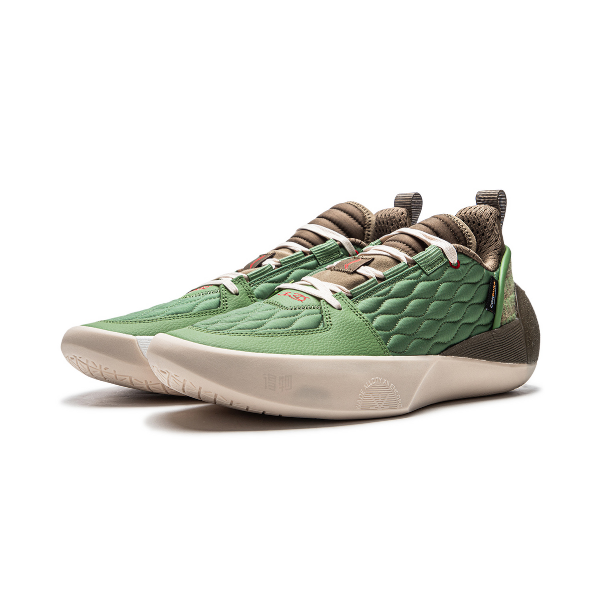 Men's basketball shoe angled view with moss green quilted upper, brown collar, white sole