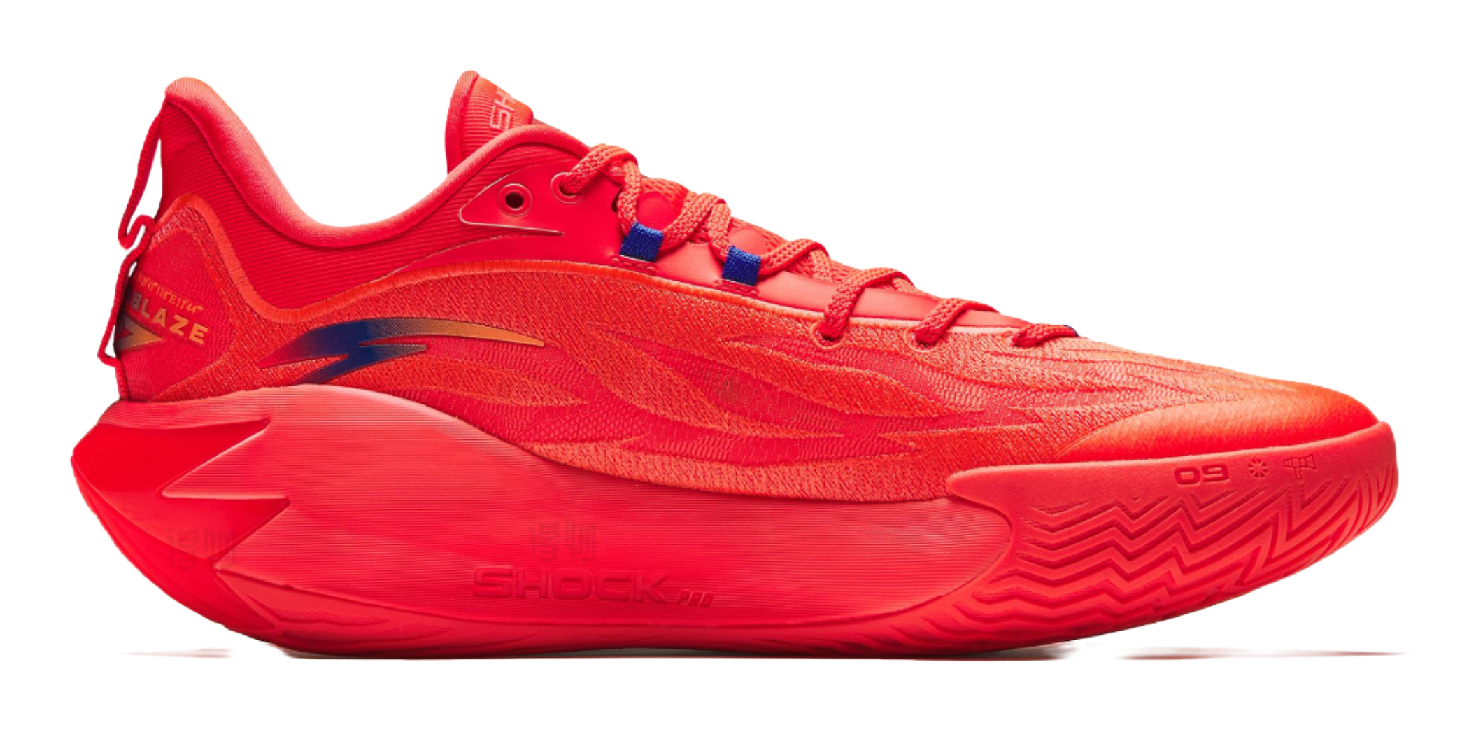 Red lace-up basketball shoe with blue accent lines and patterned midsole, side view