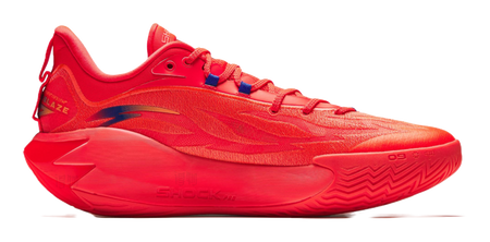 Red lace-up basketball shoe with blue accent lines and patterned midsole, side view