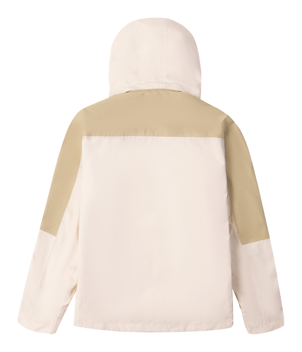 Cream and tan hooded jacket with full-length zip and rear yoke panels.
