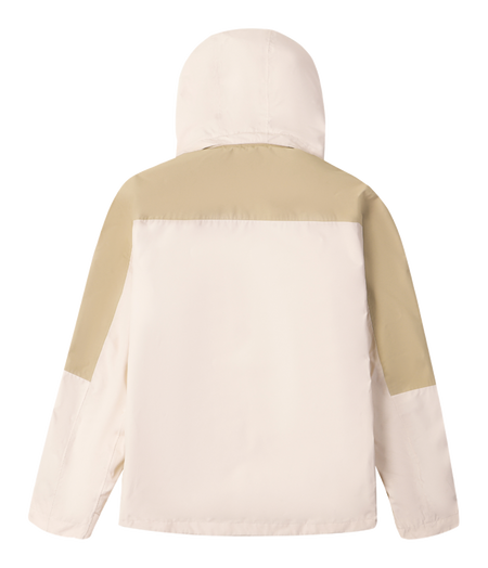 Cream and tan hooded jacket with full-length zip and rear yoke panels.