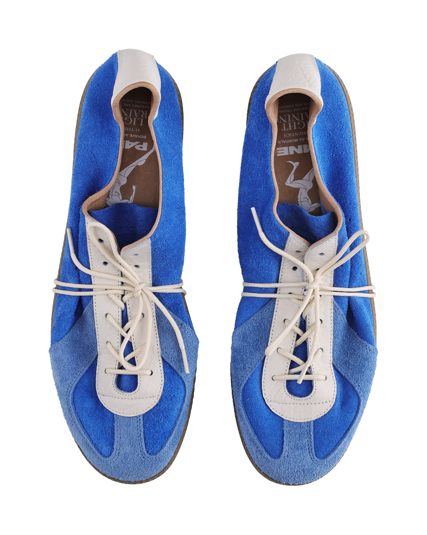 Two blue sneakers showing inner lining with white lace setup and brown footbed.