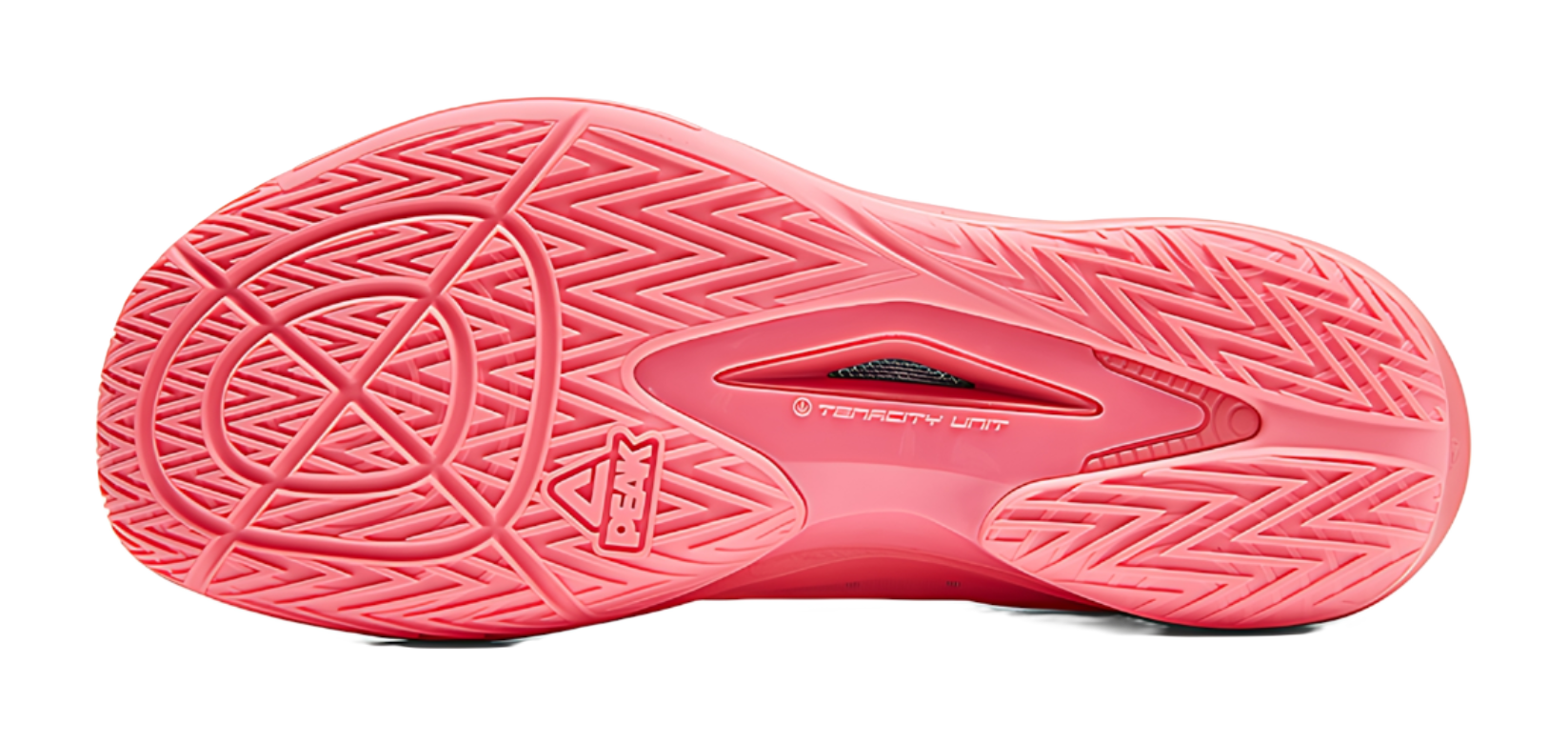 Red basketball shoe outsole with multidirectional traction pattern