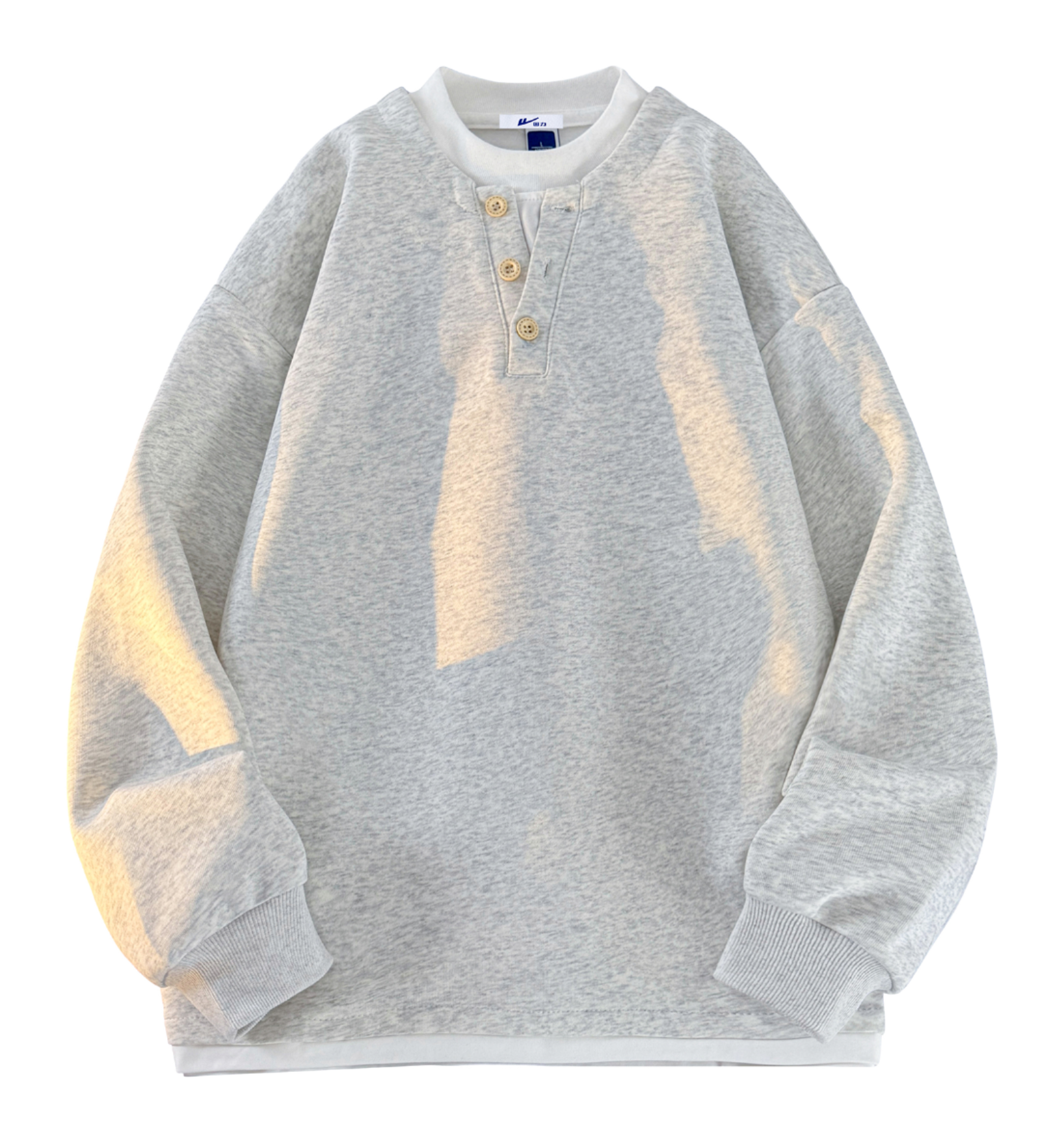 Warrior Revival Wind and Wave Series American Trendy College Style Letter Print Color Contrast Splicing Fake Two Piece Loose Casual Versatile Hoodie Bottom Wear Warm Henley Collar Long Sleeve T-shirt Unisex  vjsneaker.com