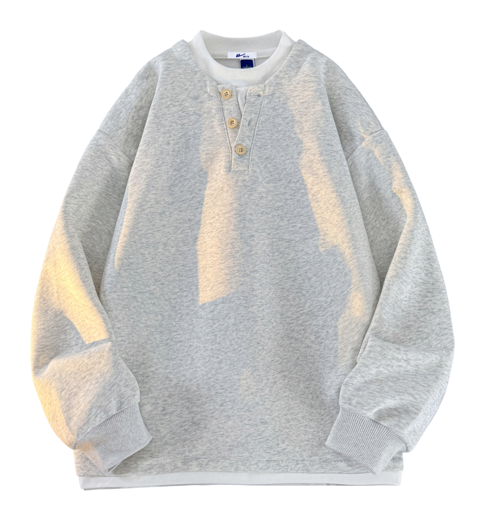 Warrior Revival Wind and Wave Series American Trendy College Style Letter Print Color Contrast Splicing Fake Two Piece Loose Casual Versatile Hoodie Bottom Wear Warm Henley Collar Long Sleeve T-shirt Unisex  vjsneaker.com