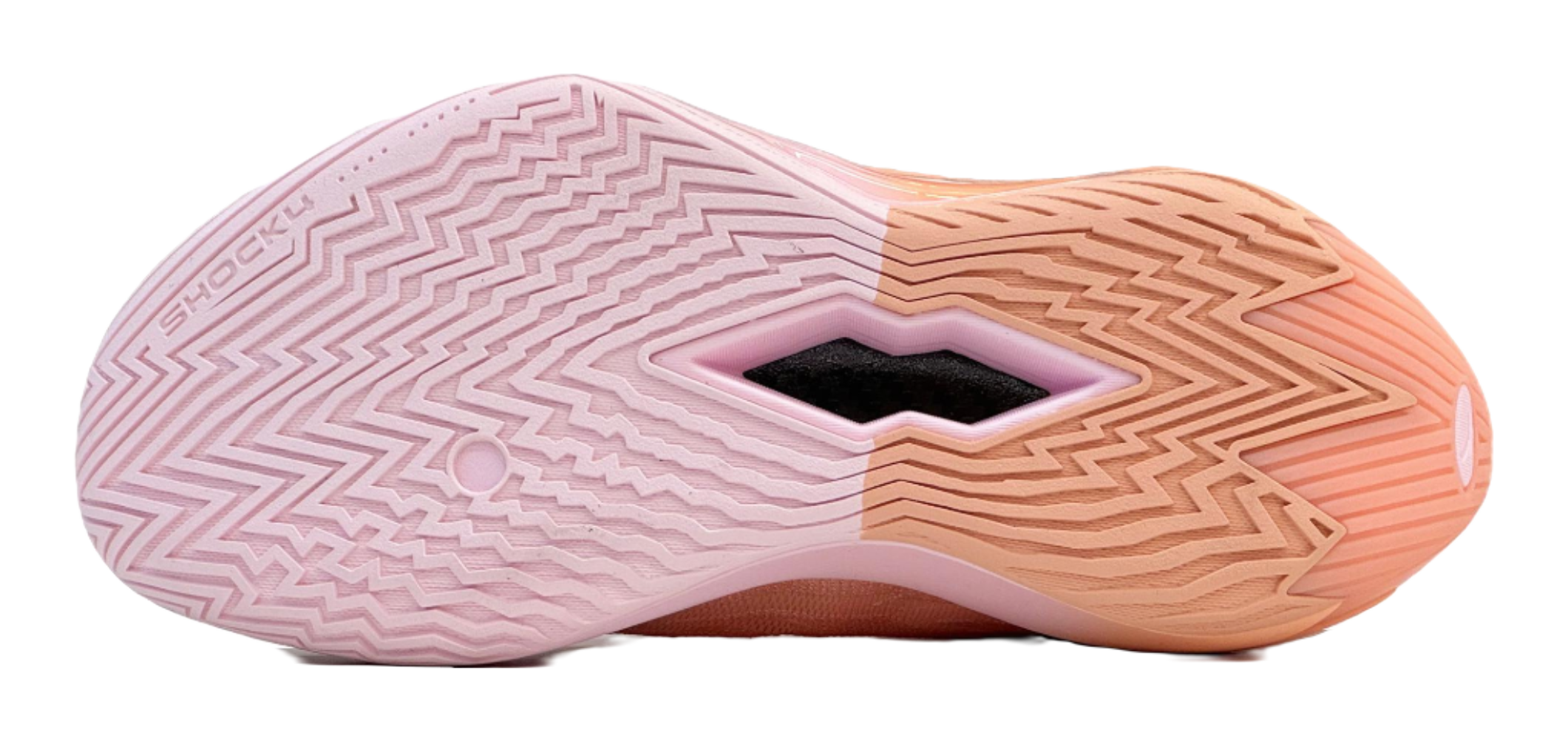 Basketball shoe outsole in light pink with zigzag tread and purple forefoot logo