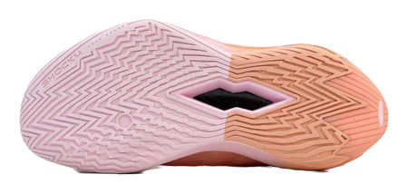 Basketball shoe outsole in light pink with zigzag tread and purple forefoot logo
