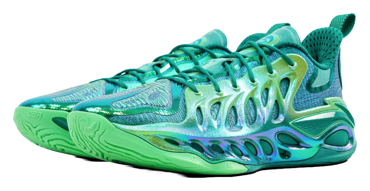 Li-Ning green basketball sneaker, angled front view with panel detailing and laces