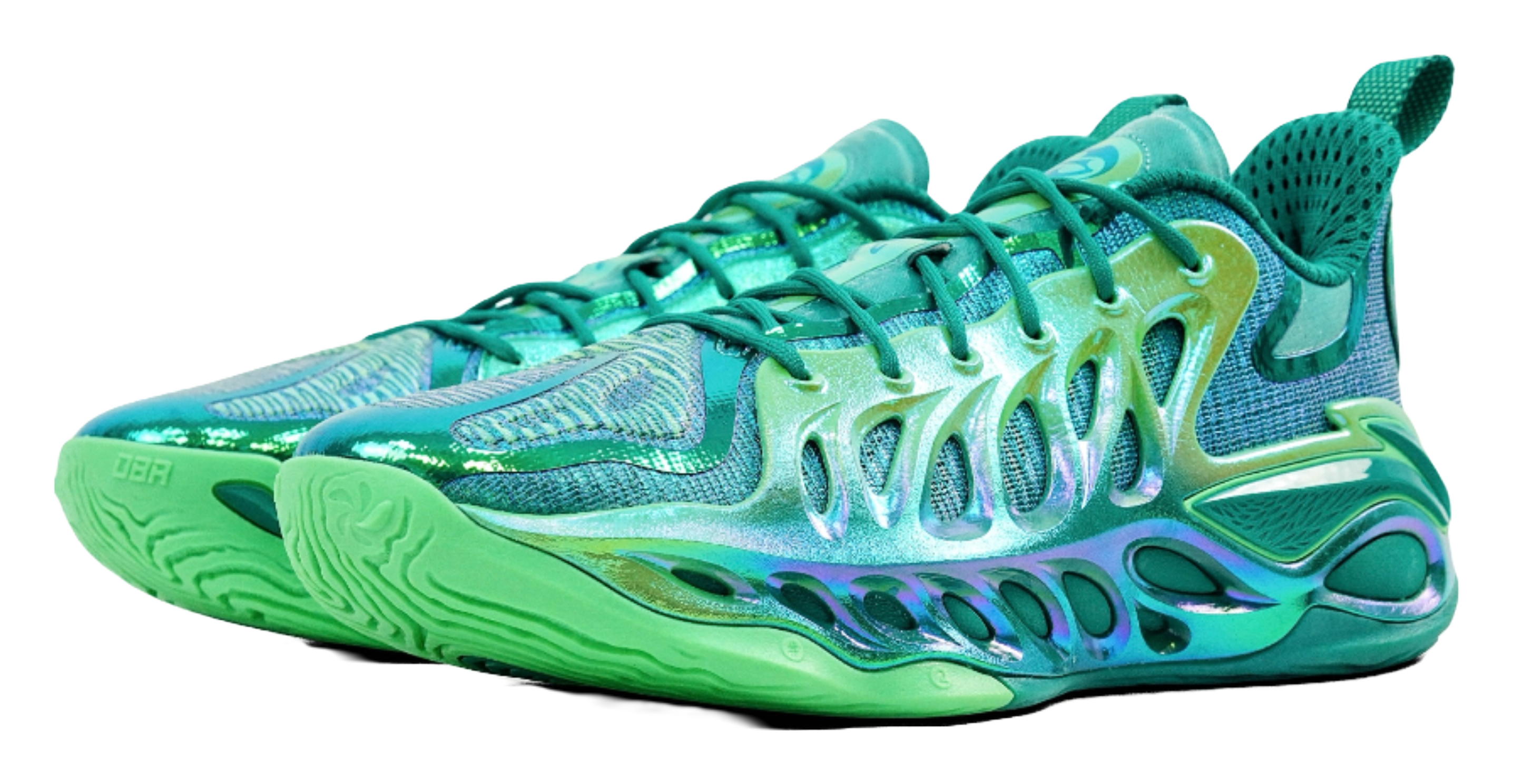 Li-Ning green basketball sneaker, angled front view with panel detailing and laces